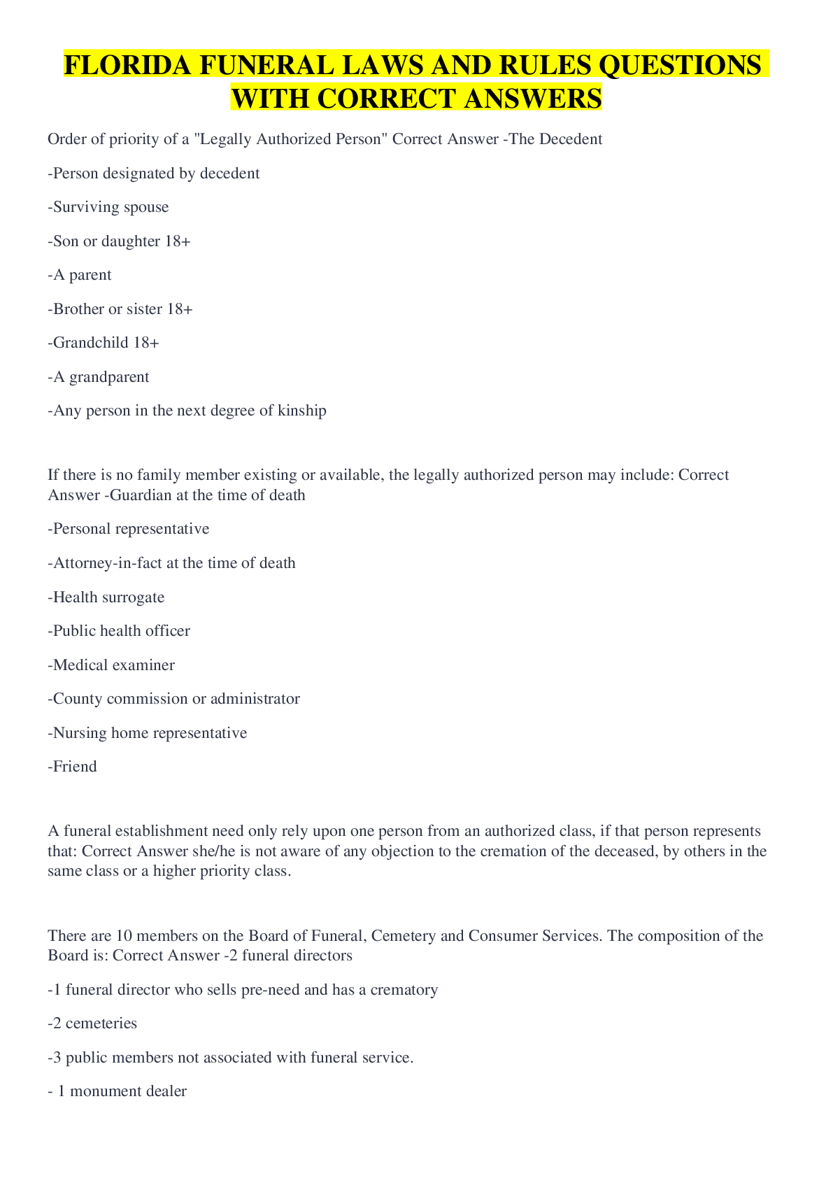 Preview image for FLORIDA FUNERAL LAWS AND RULES QUESTIONS WITH CORRECT ANSWERS